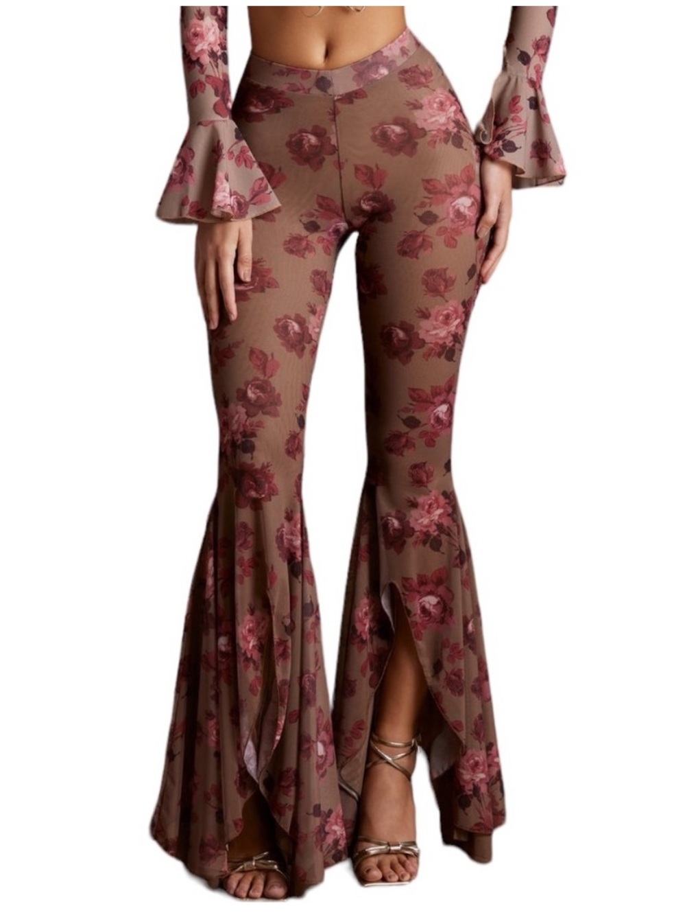 Oh Polly Hazan Floral Split Flare Ruffle Mesh Trousers Pants Beige Tan
